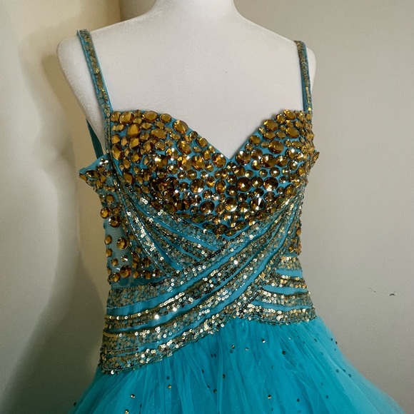 Sherri Hill high low jeweled dress blue gold - Picture 14 of 14